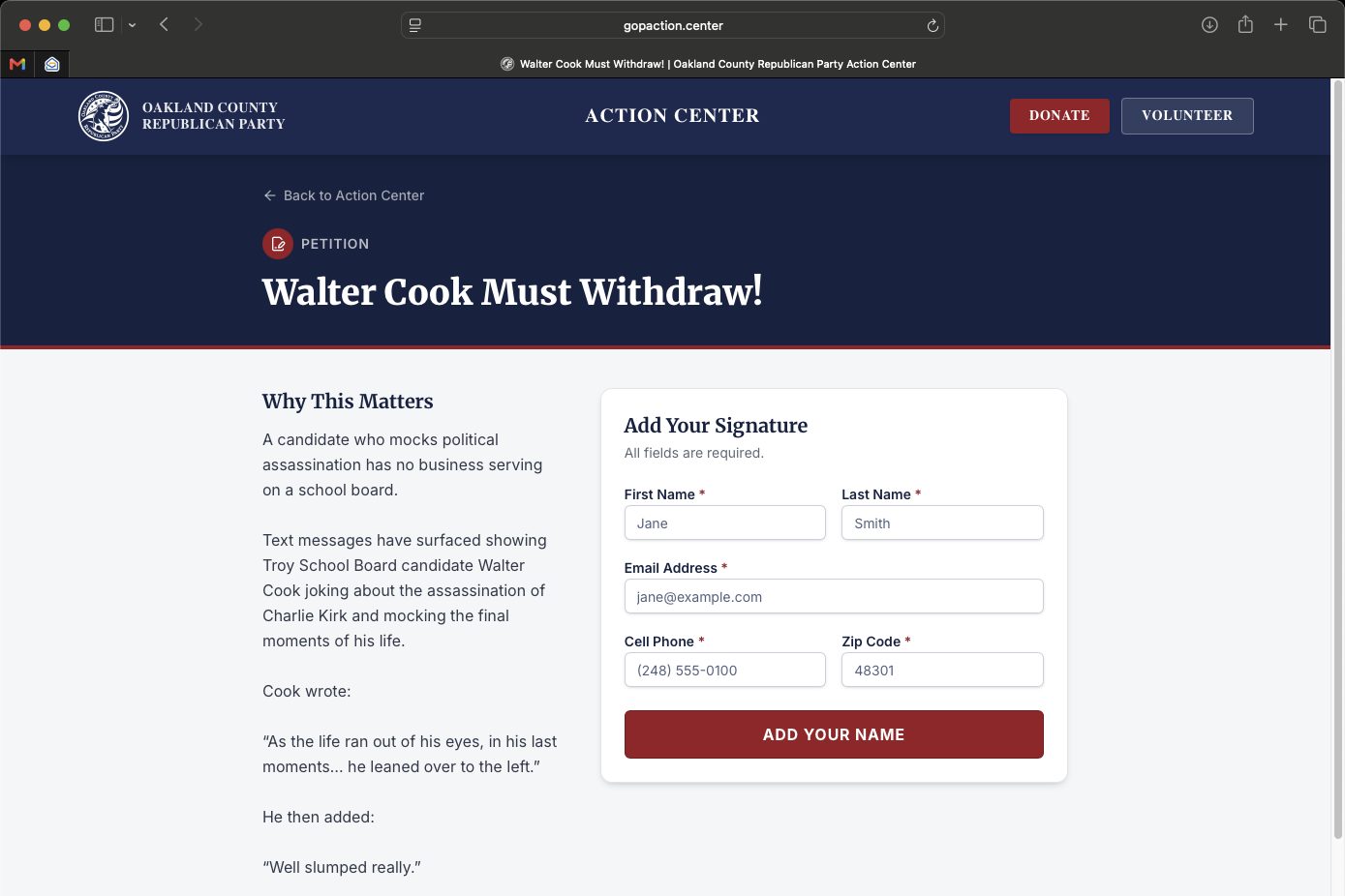 A petition page with the Add Your Signature form
