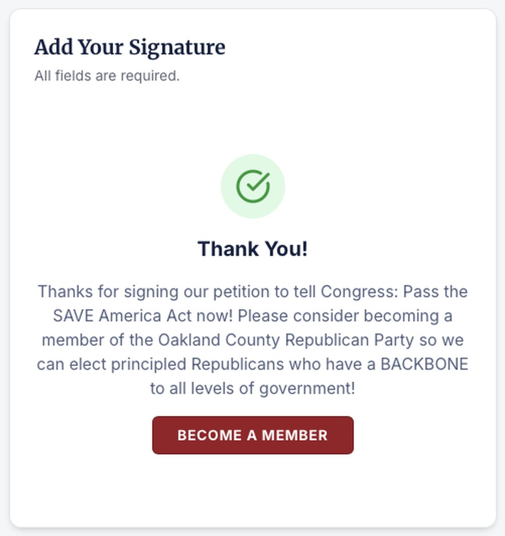 Petition thank-you screen with a Become a Member button