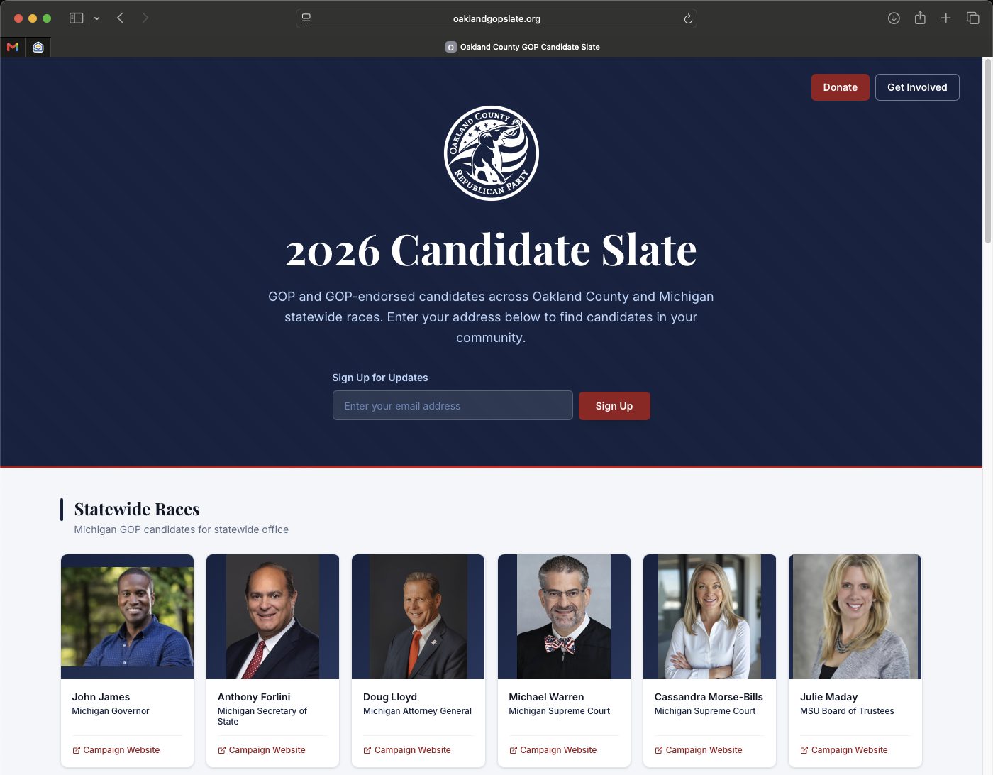Oakland County's 2026 Candidate Slate voter guide, showing statewide candidate cards
