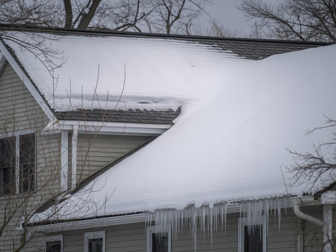 A residential home's roof covered in heavy snow accumulation with dangerous icicles forming along the gutters, demonstrating the winter weather challenges that can lead to ice dams and potential roof damage. - Weikles Roofing A residential home's roof covered in heavy snow accumulation with dangerous icicles forming along the gutters, demonstrating the winter weather challenges that can lead to ice dams and potential roof damage. - Weikles Roofing