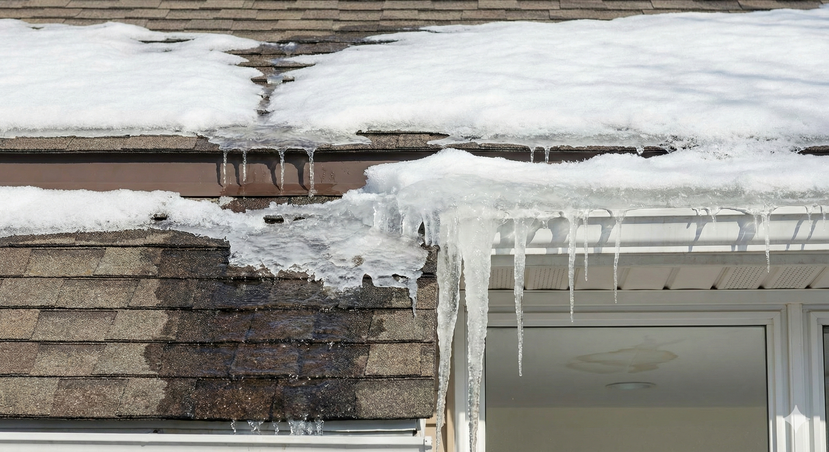 An image showing ice dams along the eave of a residential home.