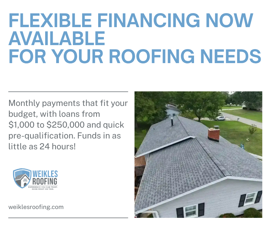 Marketing advertisement for Weikles Roofing featuring flexible financing options with an aerial view of a completed residential roof installation showing gray shingles. - Weikles Roofing