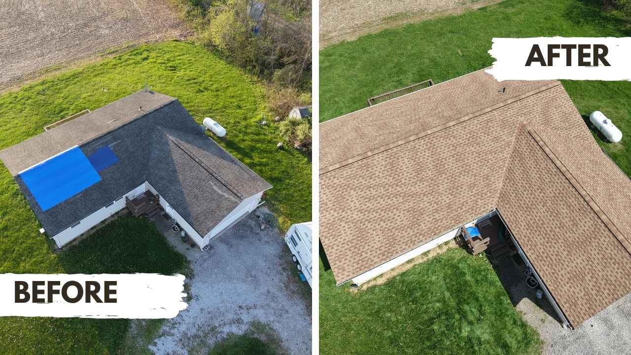 Aerial drone before-and-after comparison showing a residential roof replacement by Weikles Roofing, with the 'before' image revealing damaged shingles covered by a blue tarp and the 'after' image showcasing a complete new installation of uniform tan/brown architectural shingles. - Weikles Roofing
