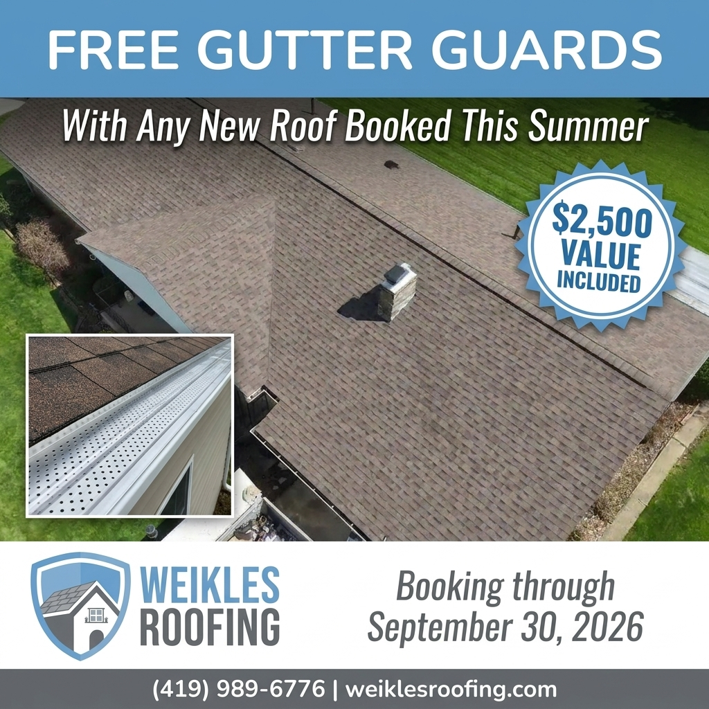 A promotional advertisement for Weikles Roofing featuring free gutter guards with every roof replacement. - Weikles Roofing A promotional advertisement for Weikles Roofing featuring free gutter guards with every roof replacement. - Weikles Roofing