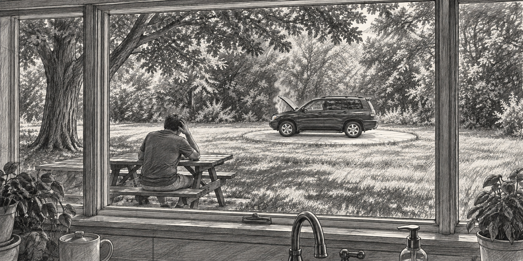 Pencil sketch of an auction-lot car with limited access