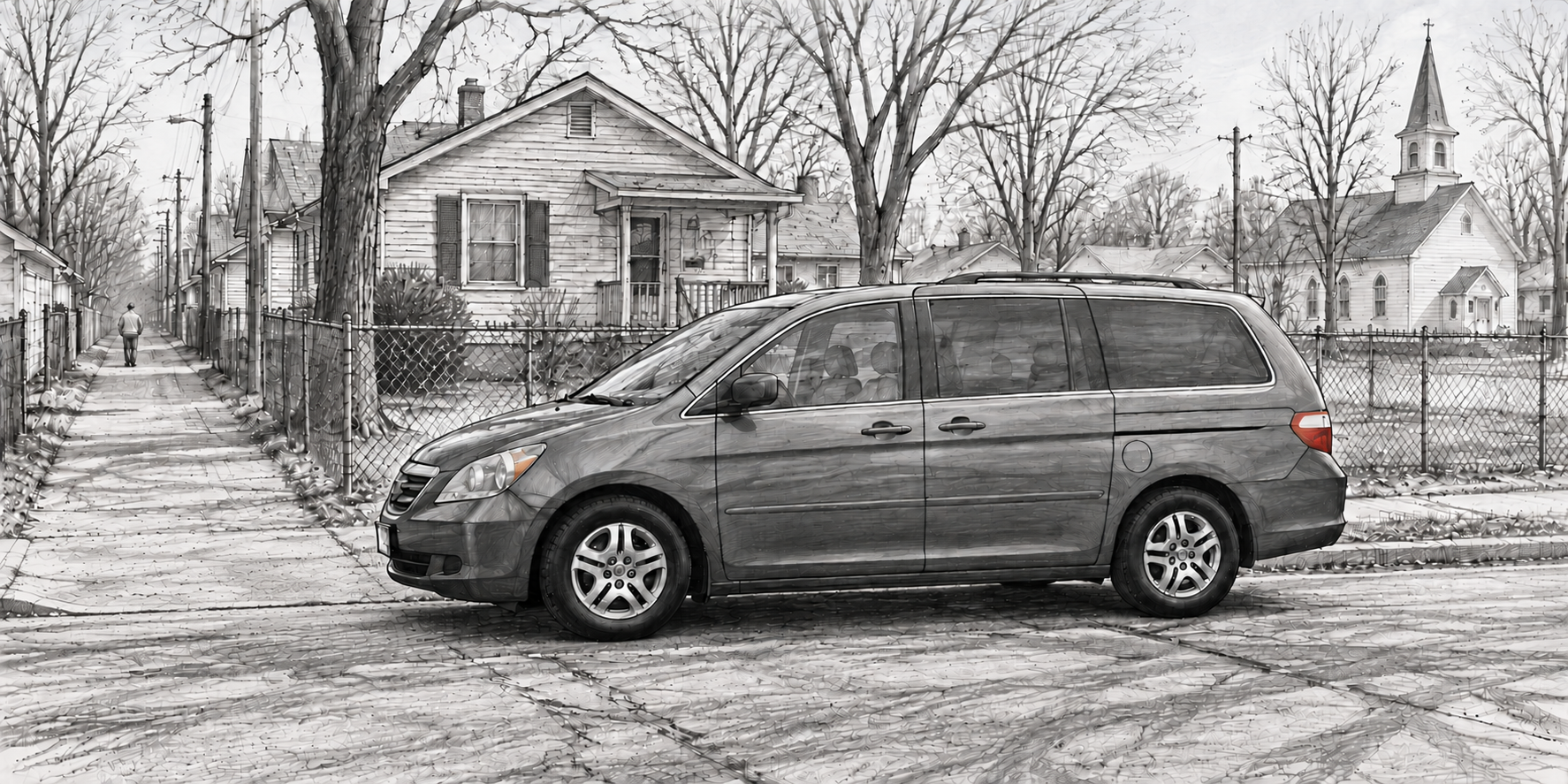 Pencil sketch of a 2007 Honda Odyssey parked by a garage