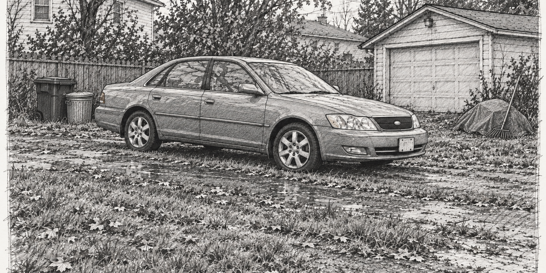 Pencil sketch of a 2000 Toyota Avalon parked in tall grass