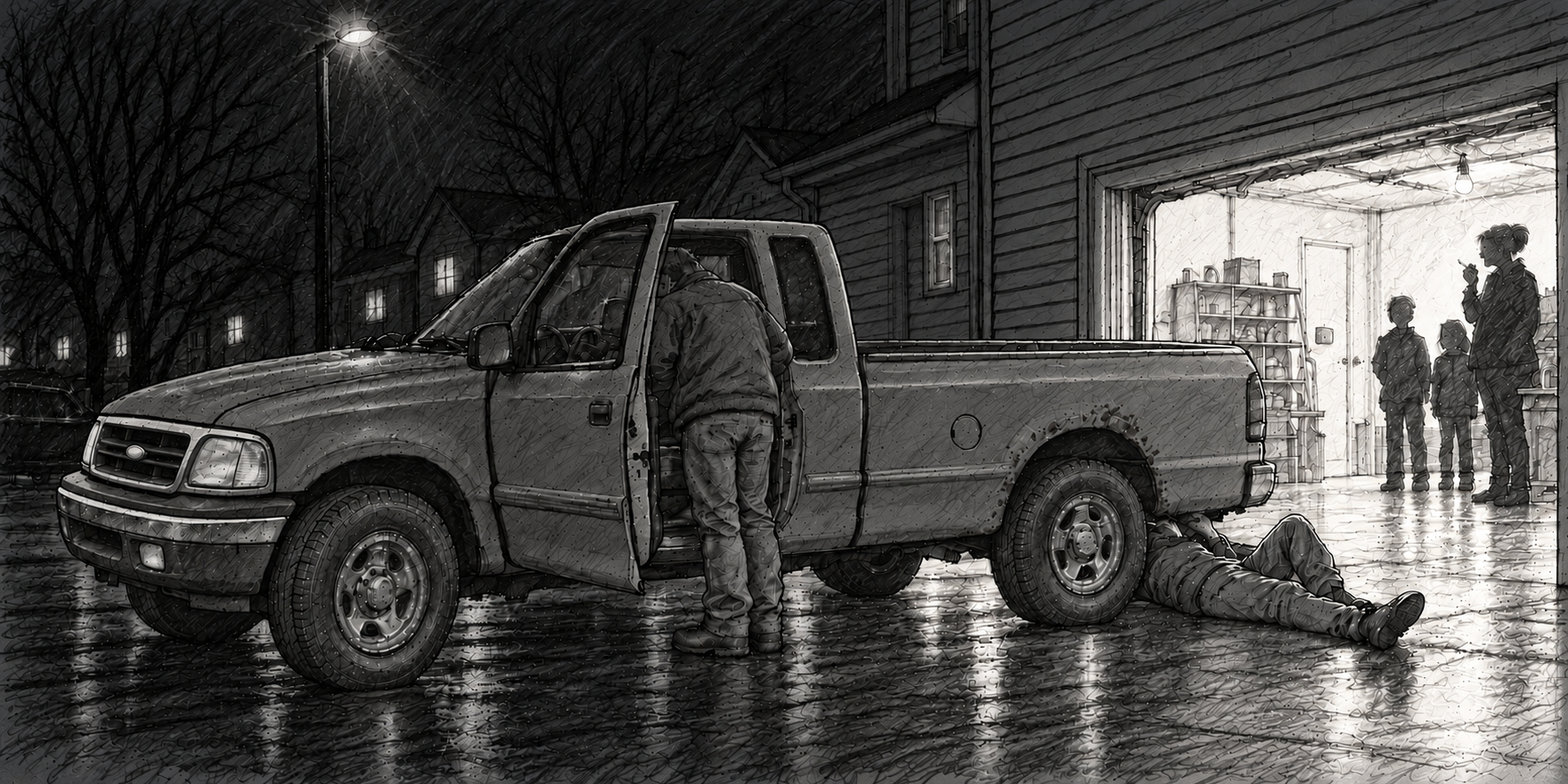 Pencil sketch of a 2000 Ford F150 with rust under the bed