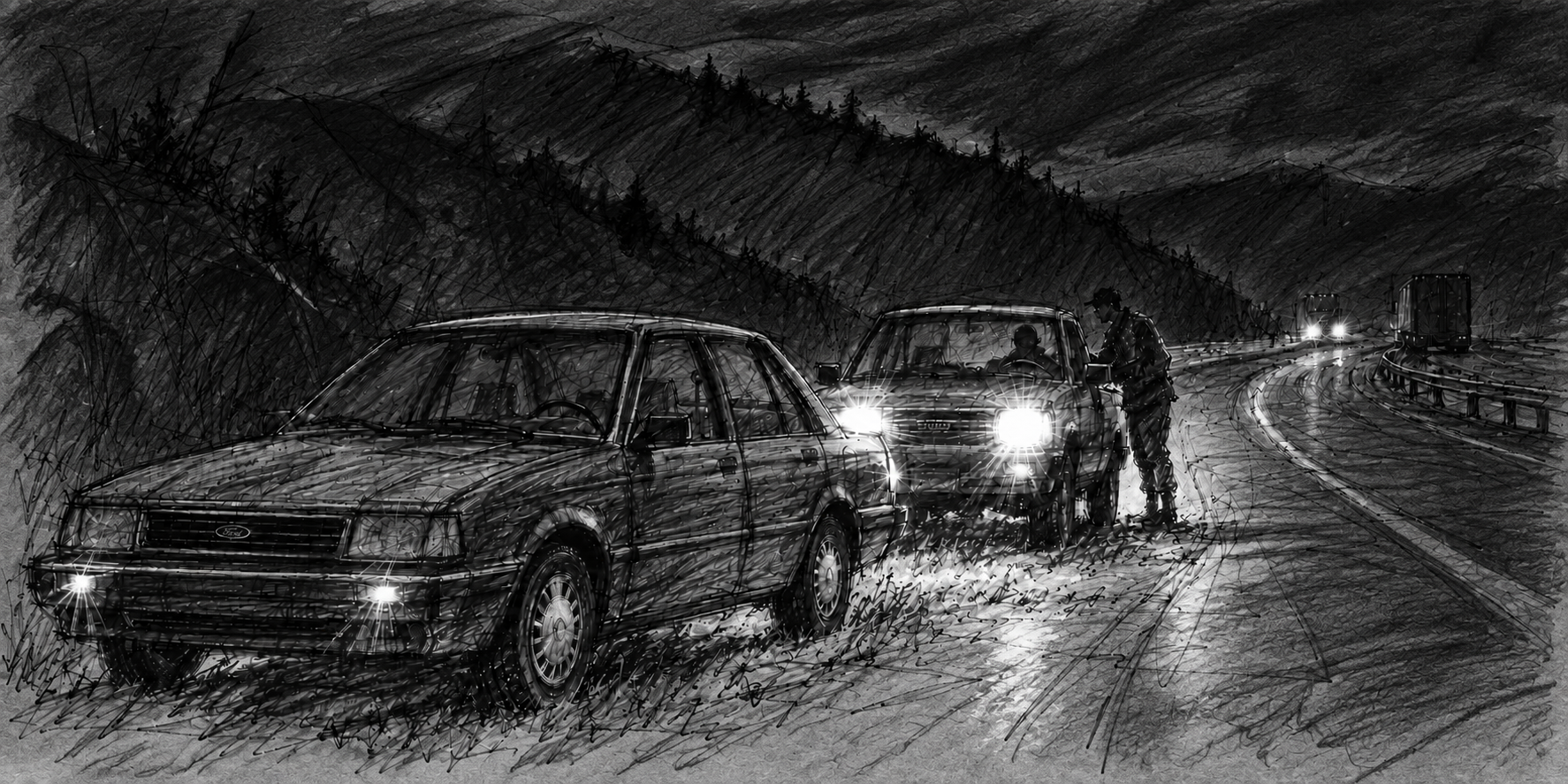 Hand-drawn sketch of a 1984 Ford Escort broken down on a dark West Virginia roadside