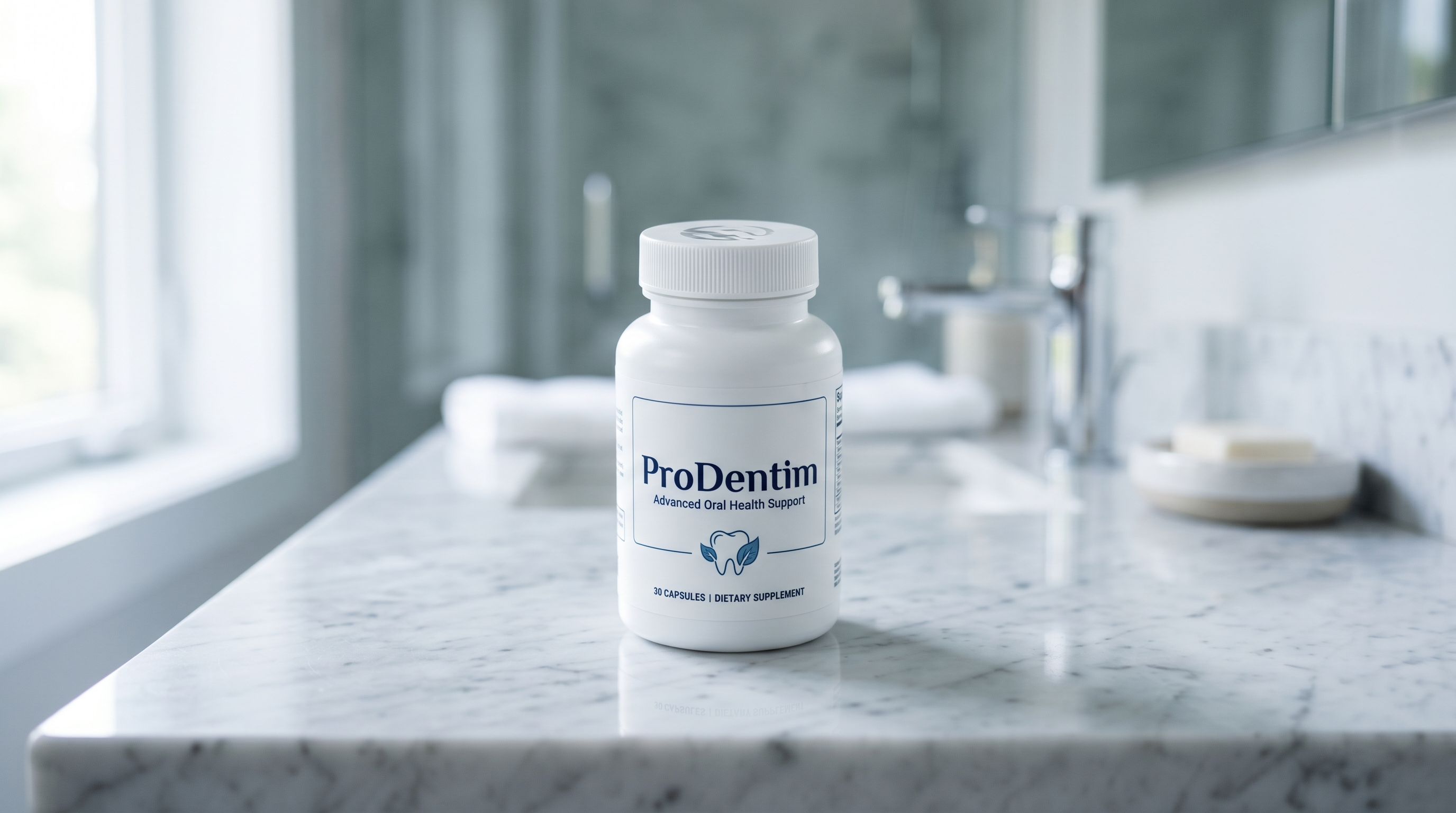 ProDentim premium product packaging and soft tablet bottle in a clean studio setting