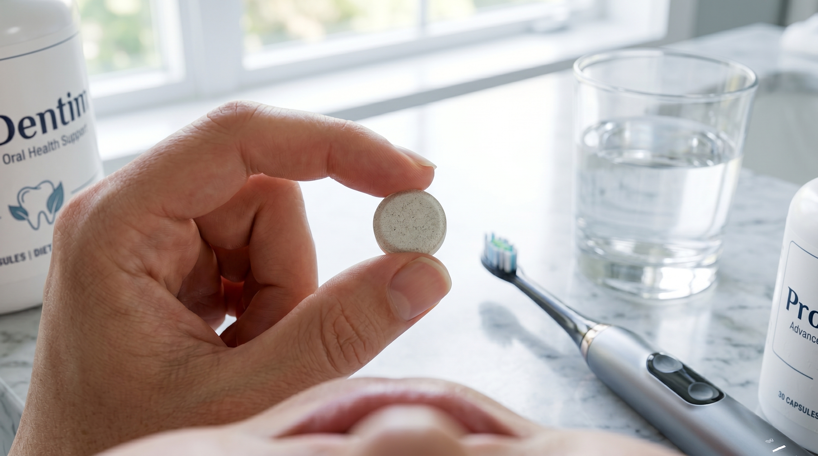 Holding a ProDentim soft chewable tablet in hand showing its daily size and shape