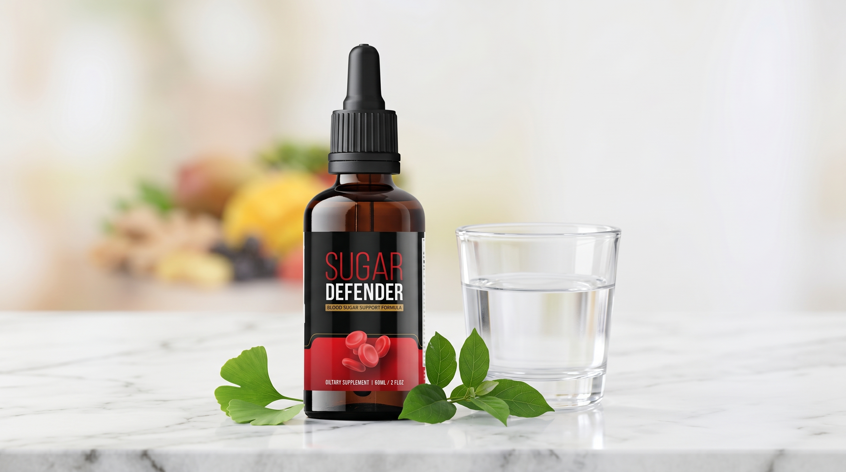 Sugar Defender 60ml liquid dropper bottle packaging in a clean, professional studio setup