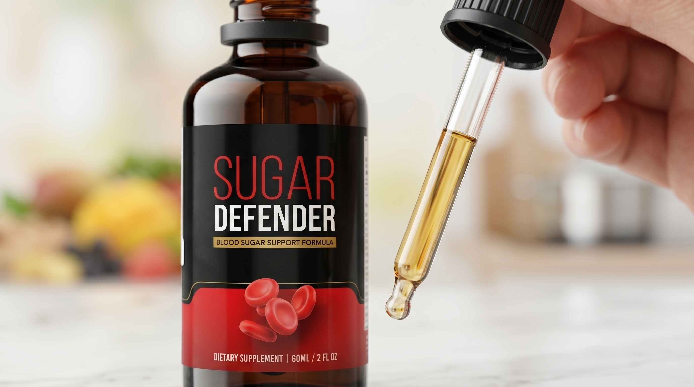 Sharp macro detail shot of the Sugar Defender tincture dropper and liquid extract