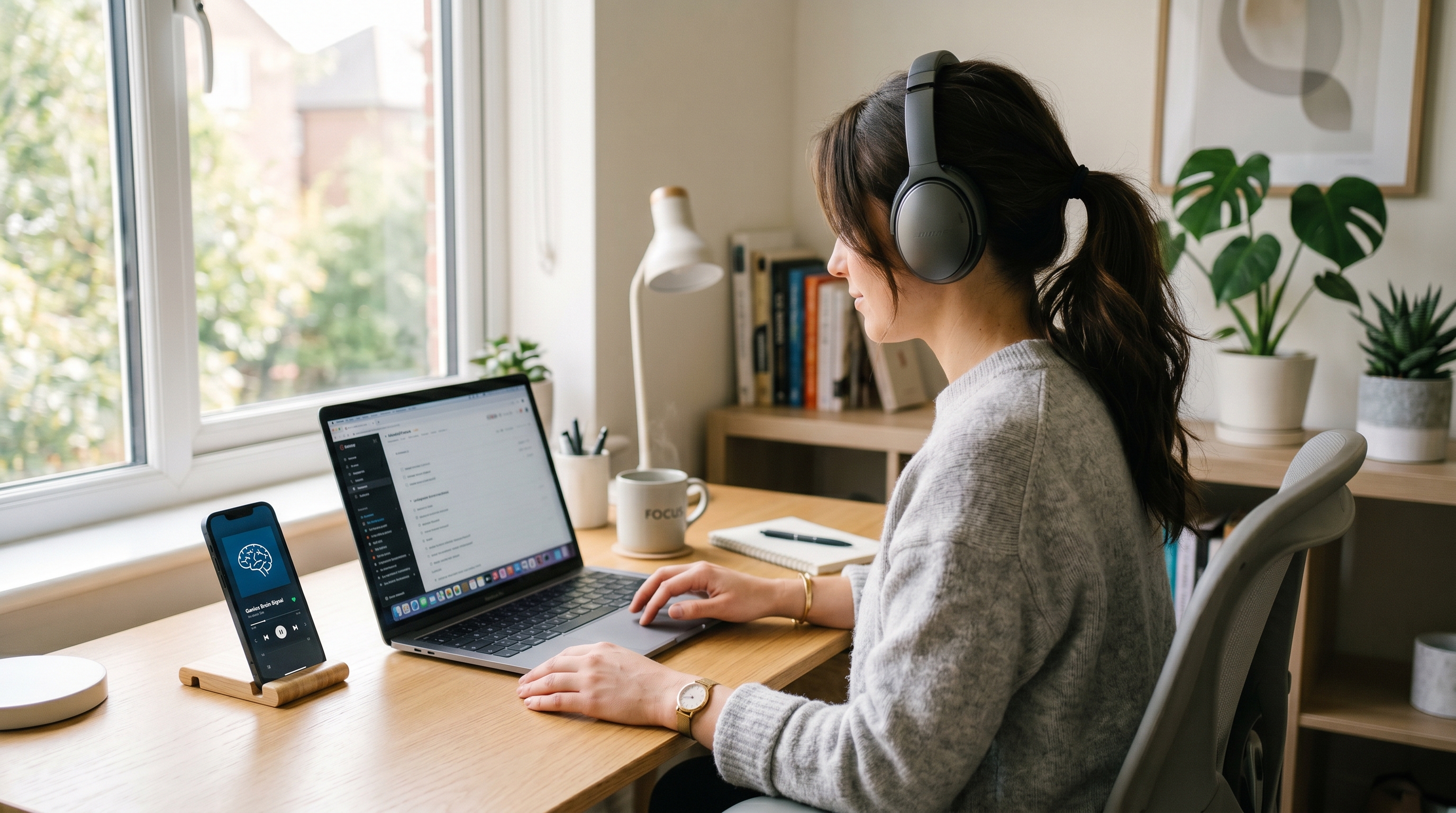 A person sitting in a comfortable workspace wearing headphones listening to the binaural audio protocol