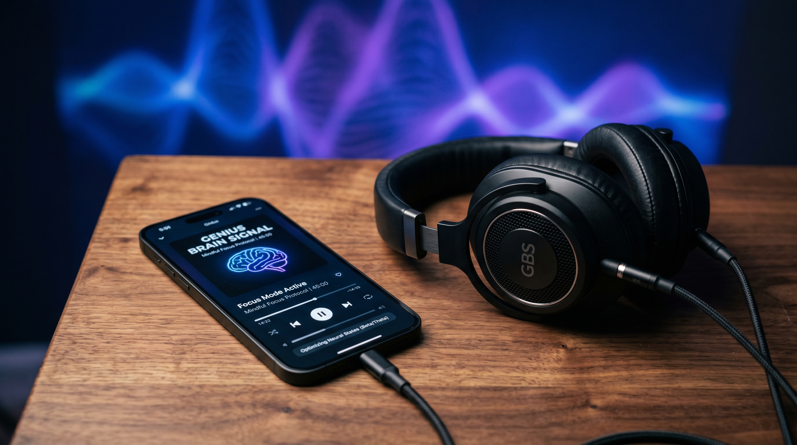 Editorial layout showcasing Genius Brain Signal digital audio workspace setup with headphones