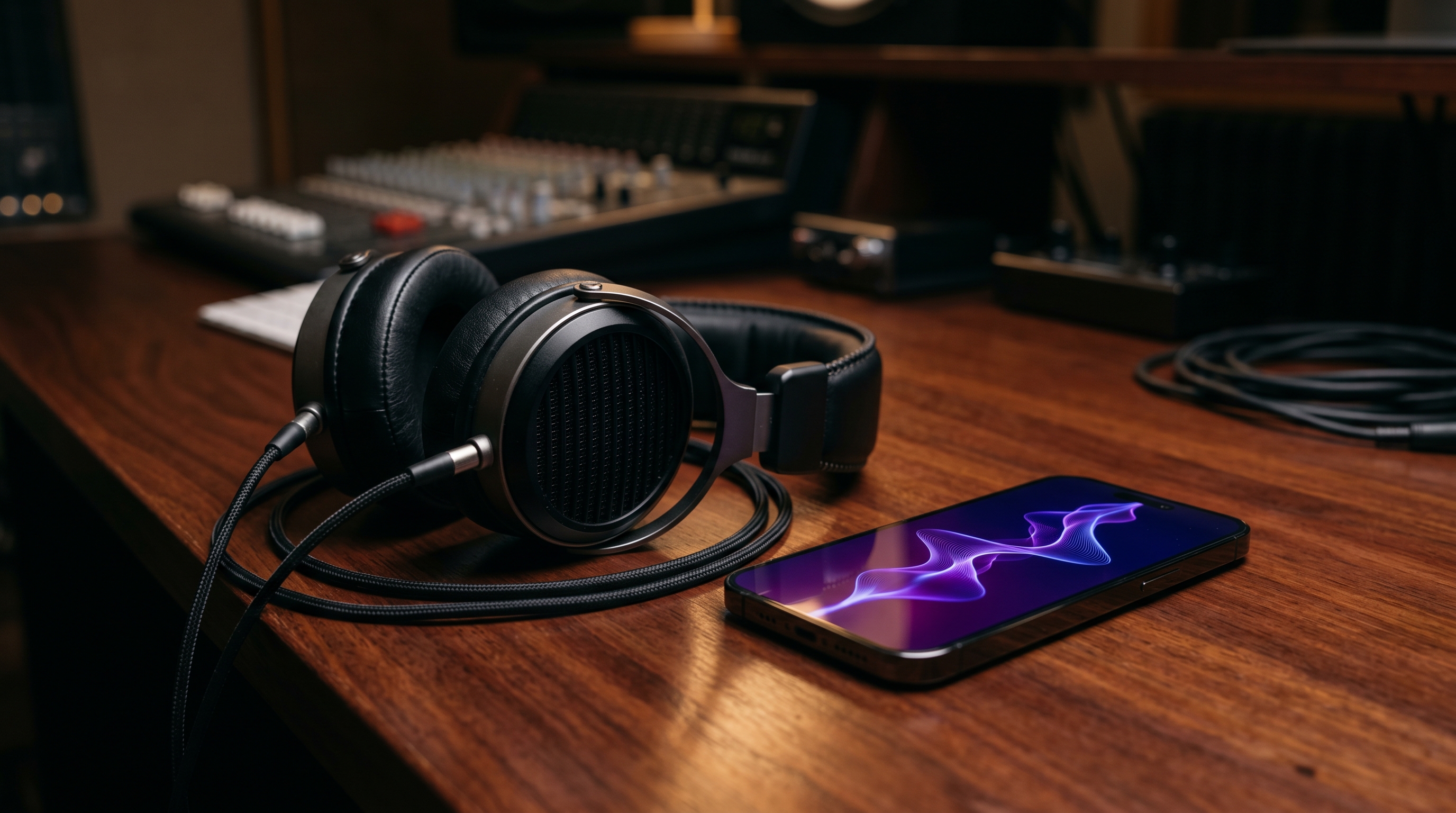 High-end editorial workspace setup for listening to brainwave entrainment audio