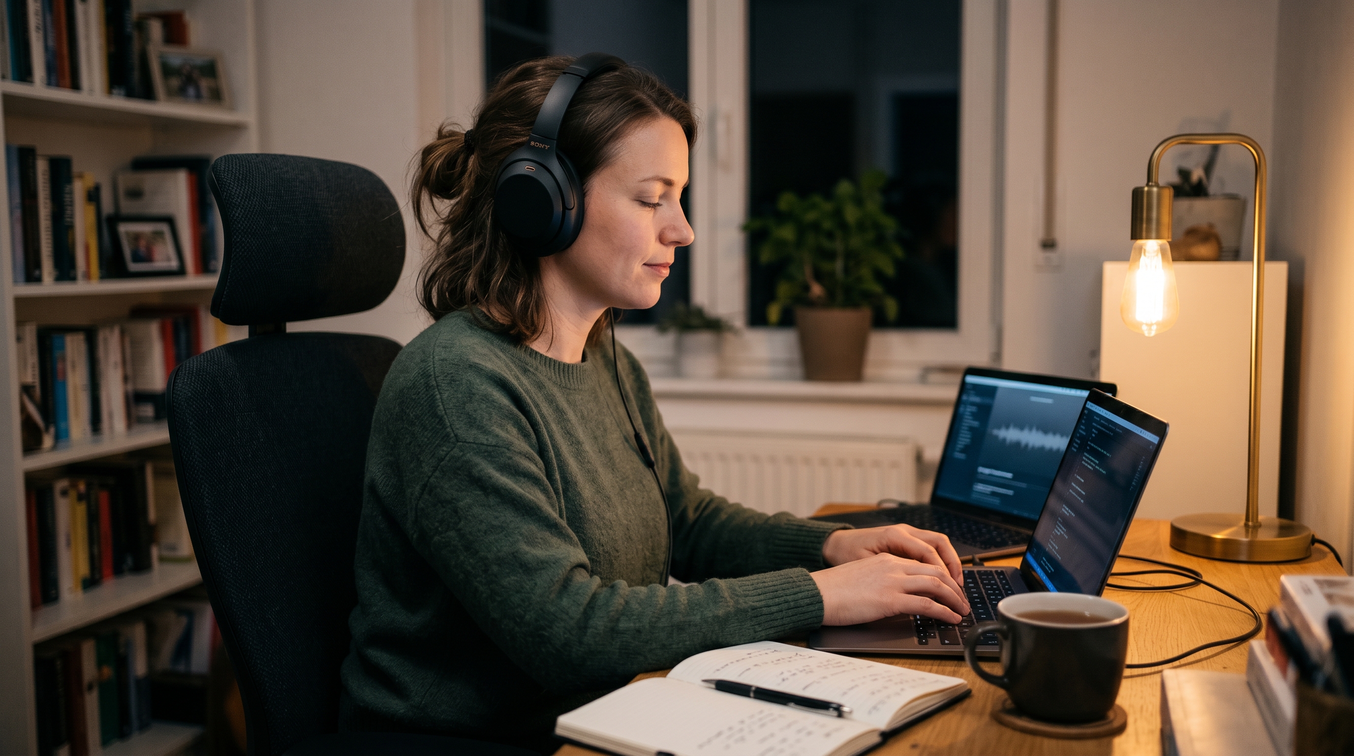 Candid realistic shot of a person relaxed listening to sound wave therapy with headphones