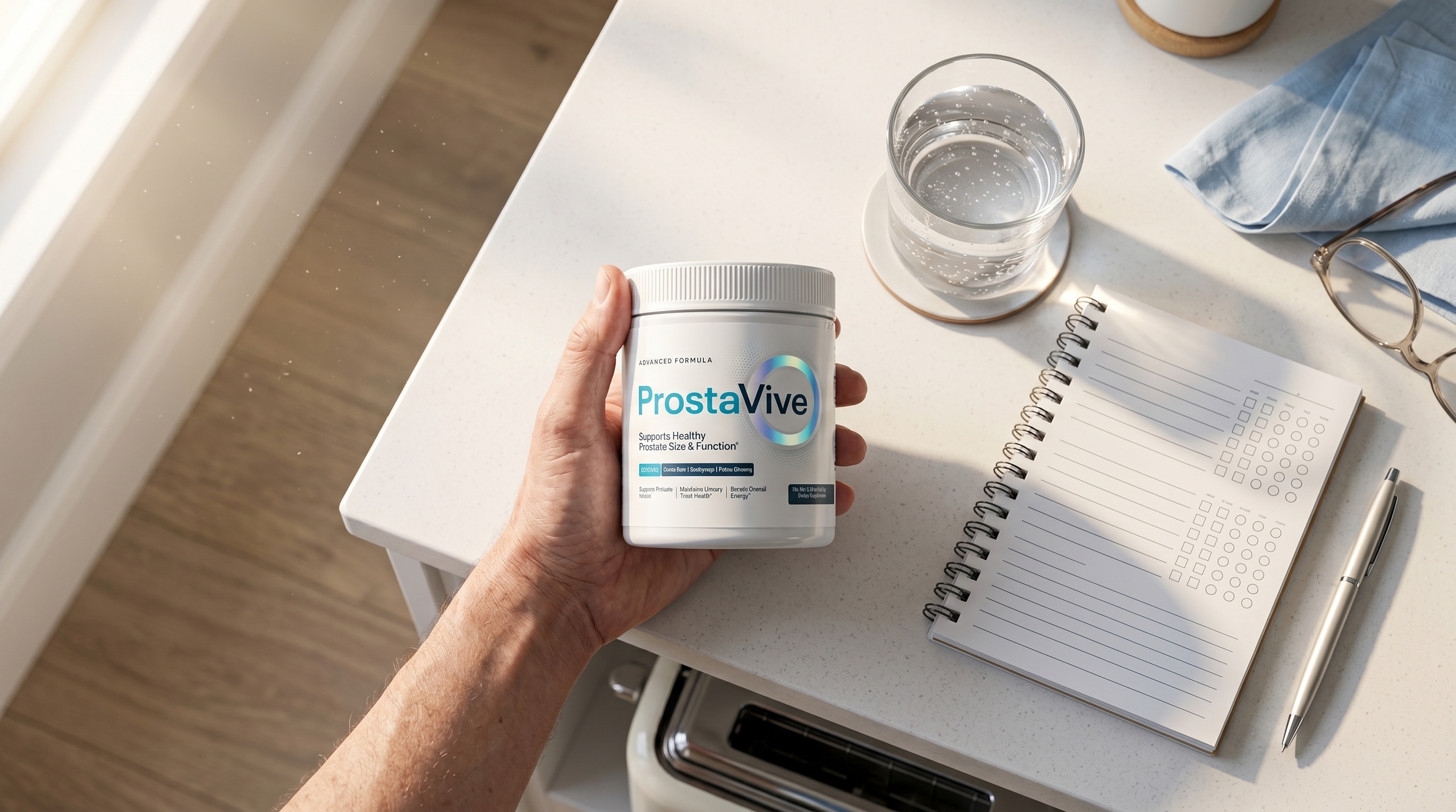 A top-down realistic layout view of ProstaVive supplement capsules