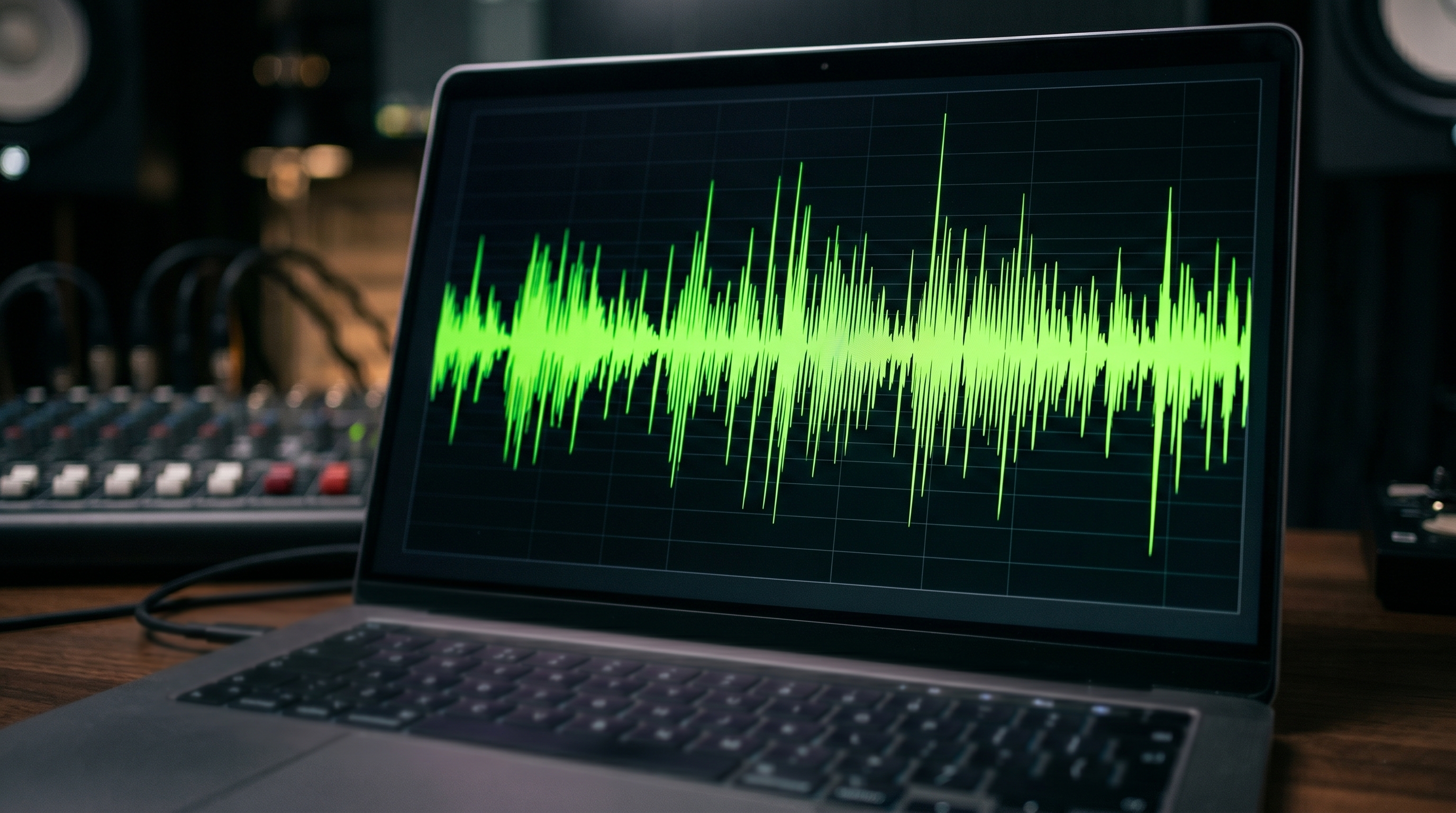 Macro detailed shot of the digital audio waveform displaying frequency modulation patterns