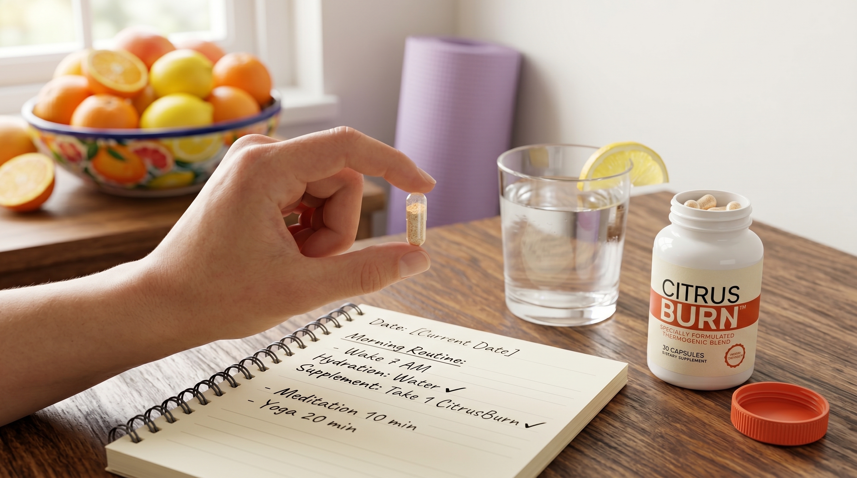A hand holding a CitrusBurn transparent capsule showing the metabolic powder inside next to a morning routine checklist and a glass of lemon water