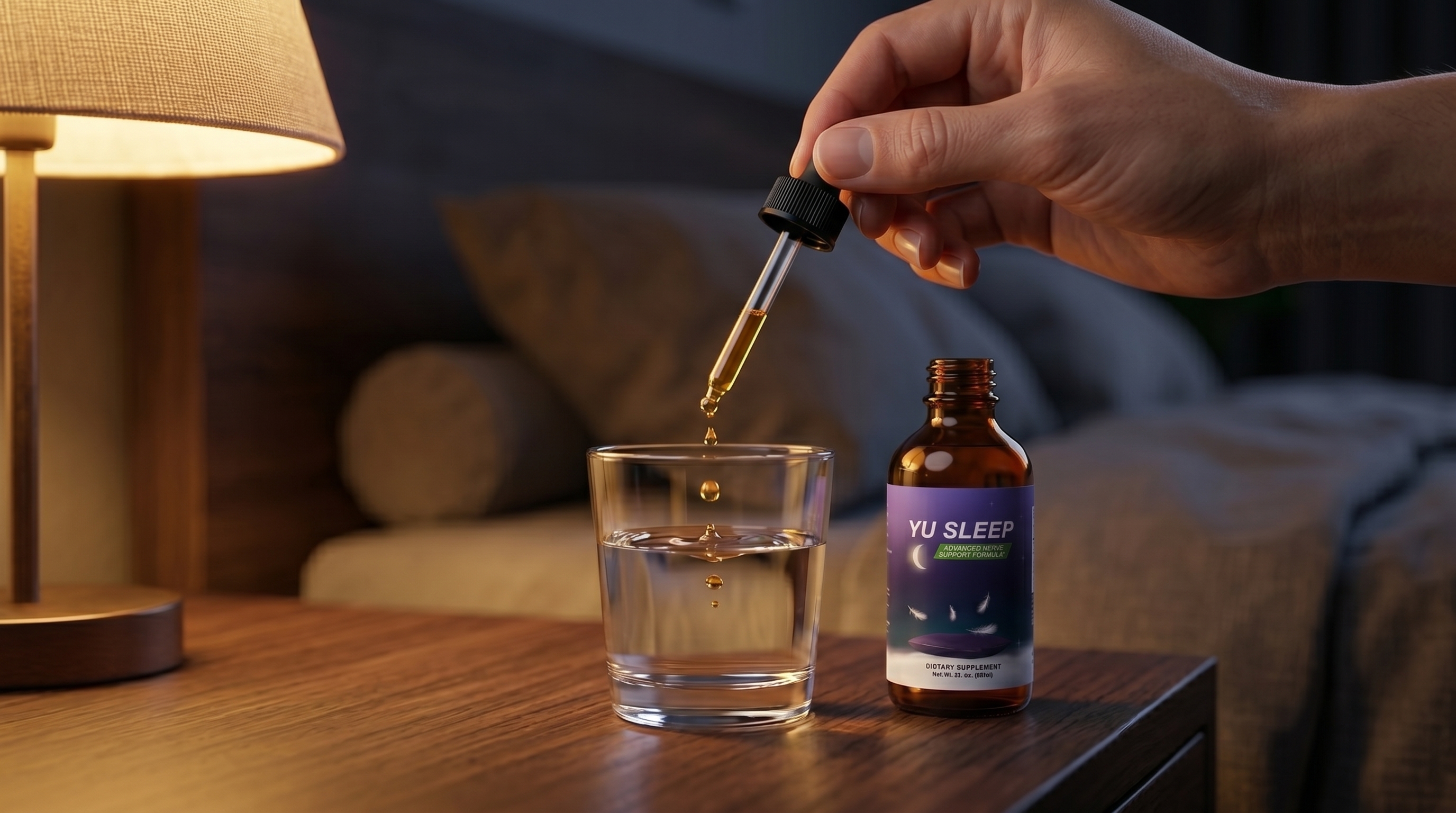 Applying Yu Sleep liquid dropper during evening routine next to a bed settings