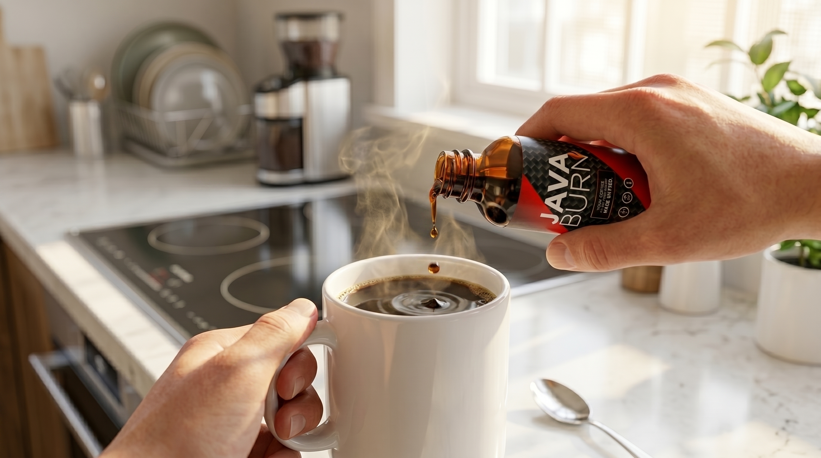 Adding Java Burn 2.0 liquid drops into a morning cup of coffee