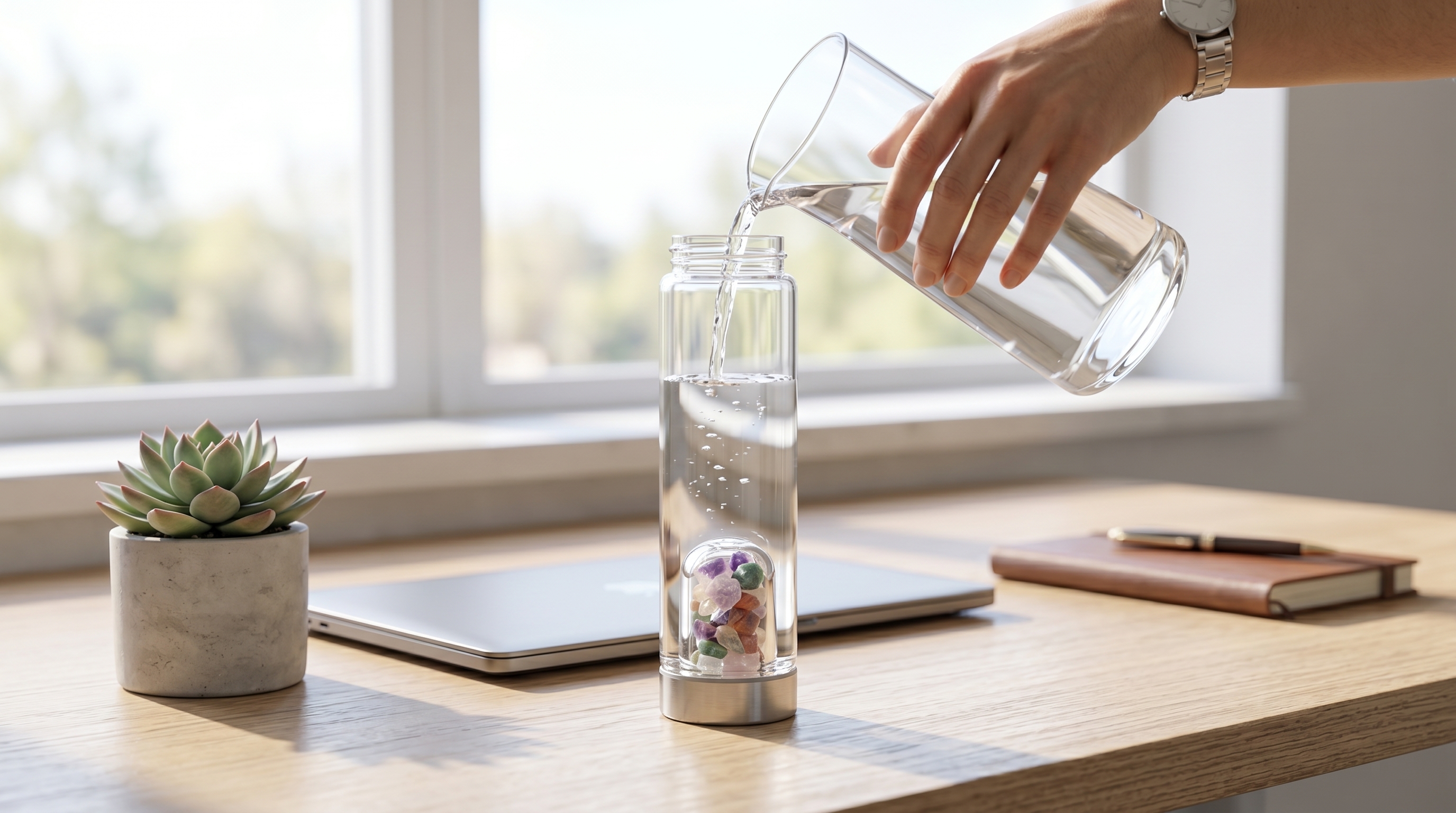 SLIMCRYSTAL water bottle sitting on a workspace desk as a visual hydration reminder
