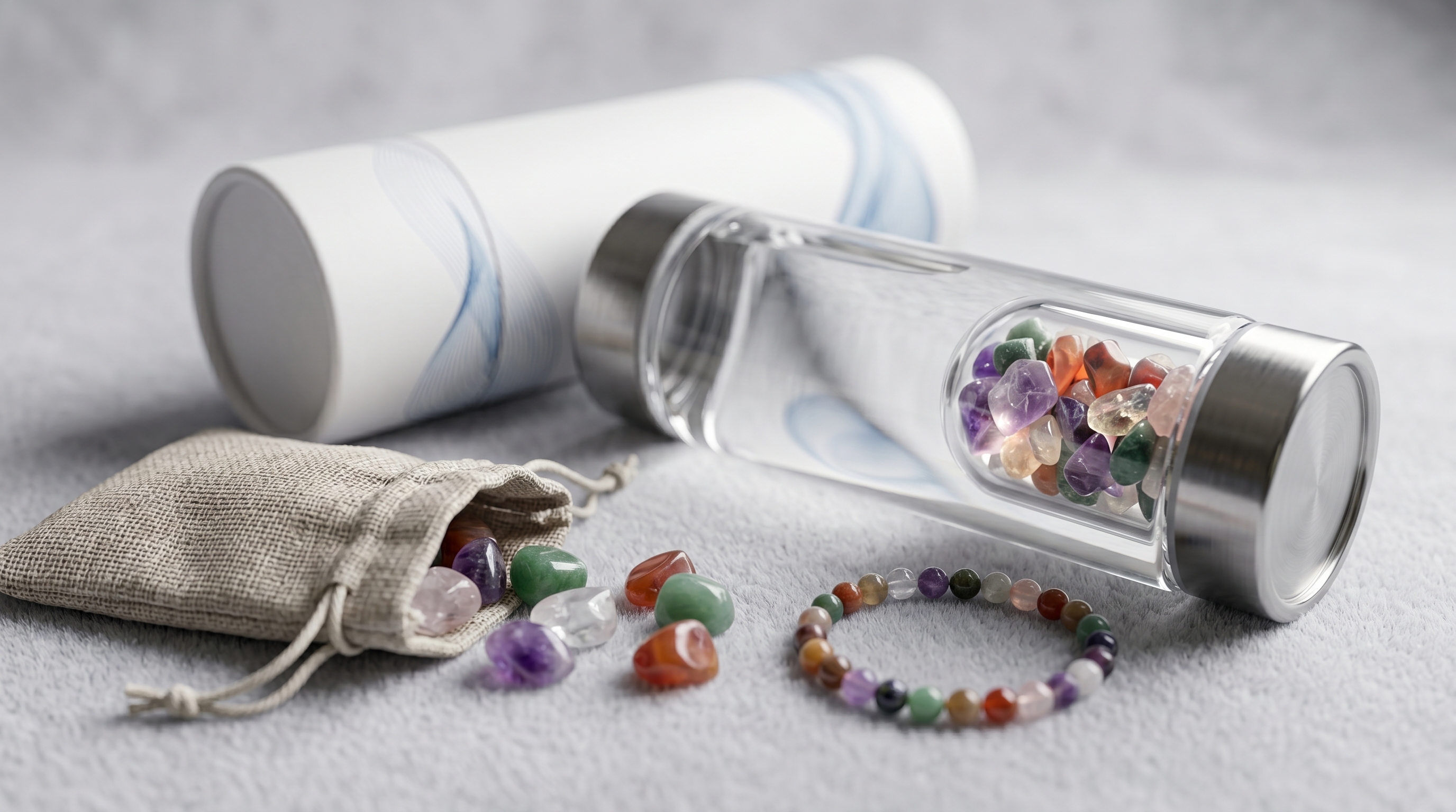 Close-up of semi-precious crystals sealed inside the bottom chamber of the SLIMCRYSTAL water bottle