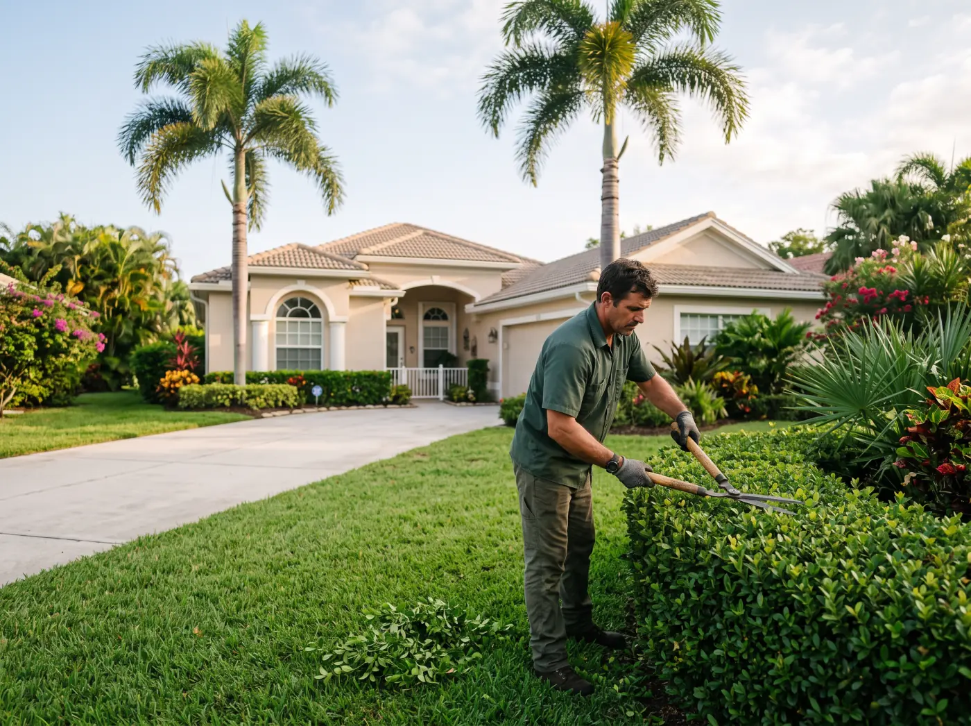 Landscaping & lawn care professional working at a Florida home