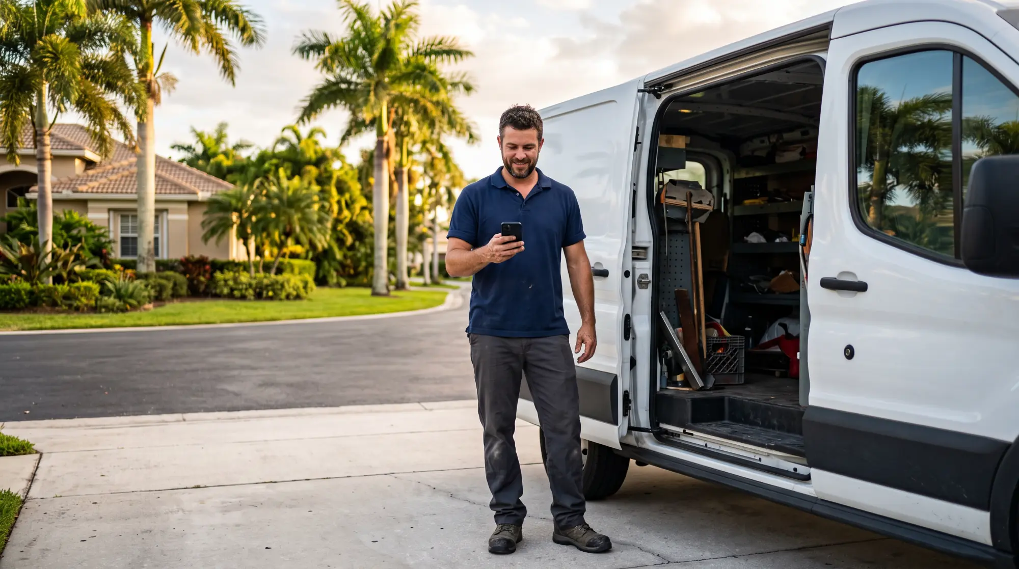 Home-service owner checking his phone beside his work van in a Florida driveway