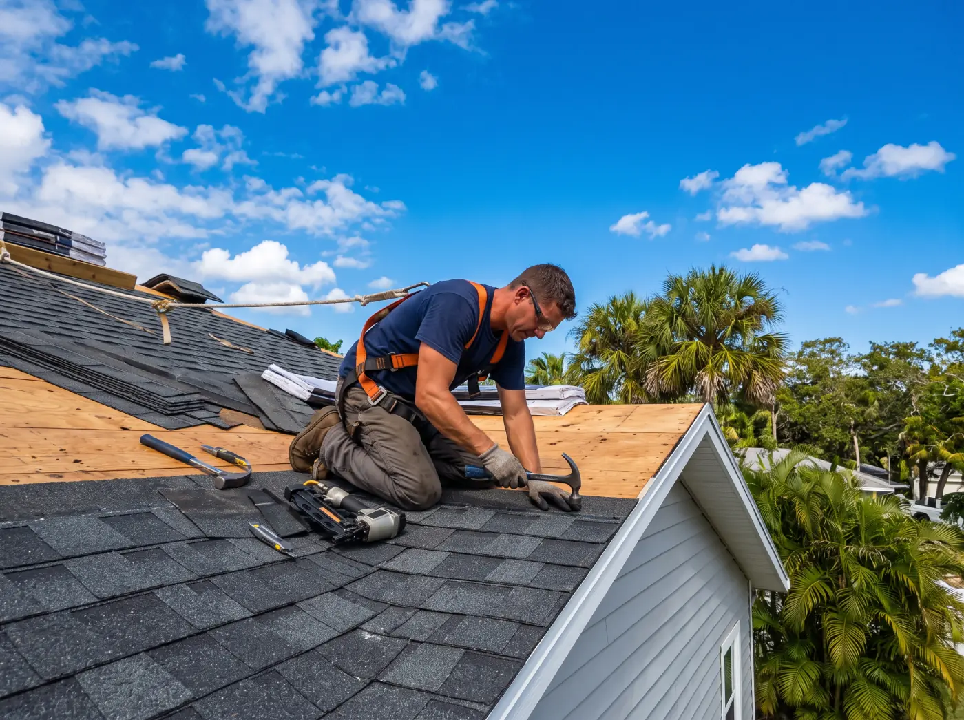 Roofer installing shingles on a Florida home