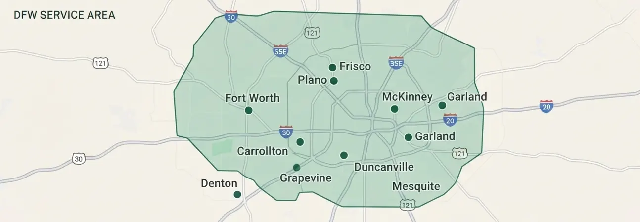 Map of the Dallas–Fort Worth service area covered by DFW Air Quality Experts