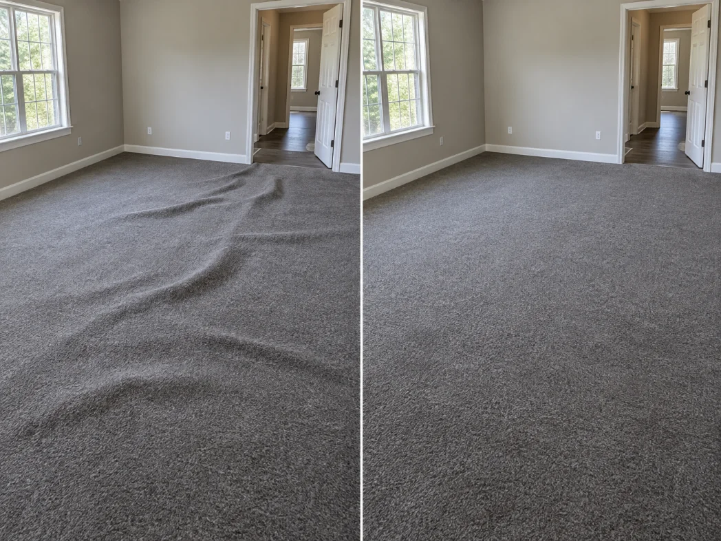 Before and after carpet re-stretching: gray bedroom carpet rippled with raised waves, then the same room stretched flat wall to wall