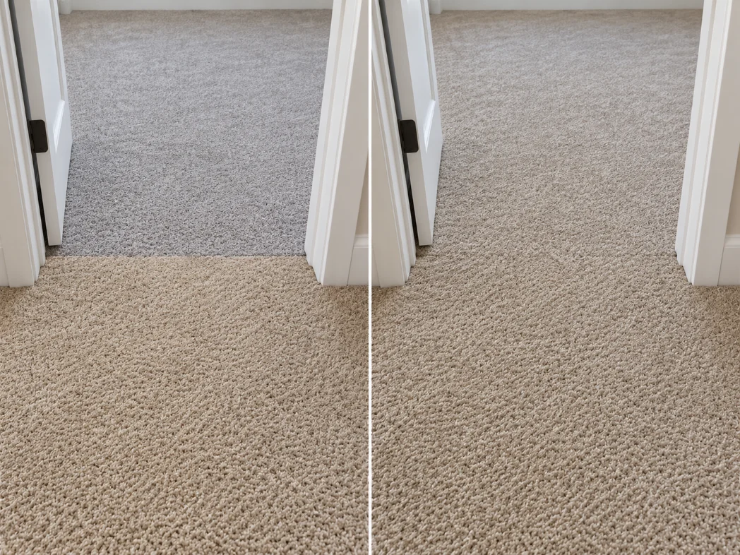 Before and after side-by-side blending: gray bedroom carpet meeting tan hallway carpet at a doorway with a sharp shade line, then both sections blended to one matching color