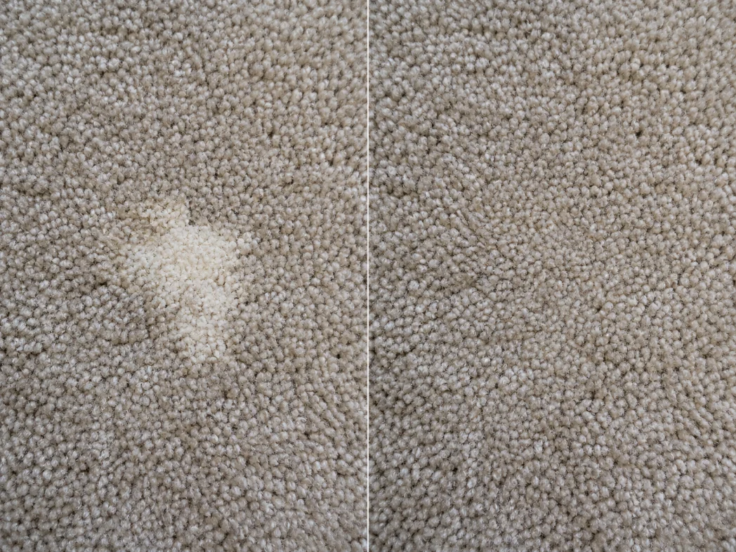 Before and after carpet spot dyeing: a pale bleach spot on beige carpet, then the same area color-matched with the spot gone