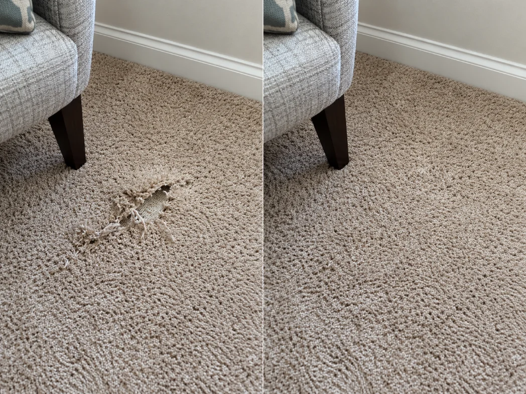 Before and after carpet repair: a torn hole in beige carpet beside an armchair, then the same spot repaired with no visible damage