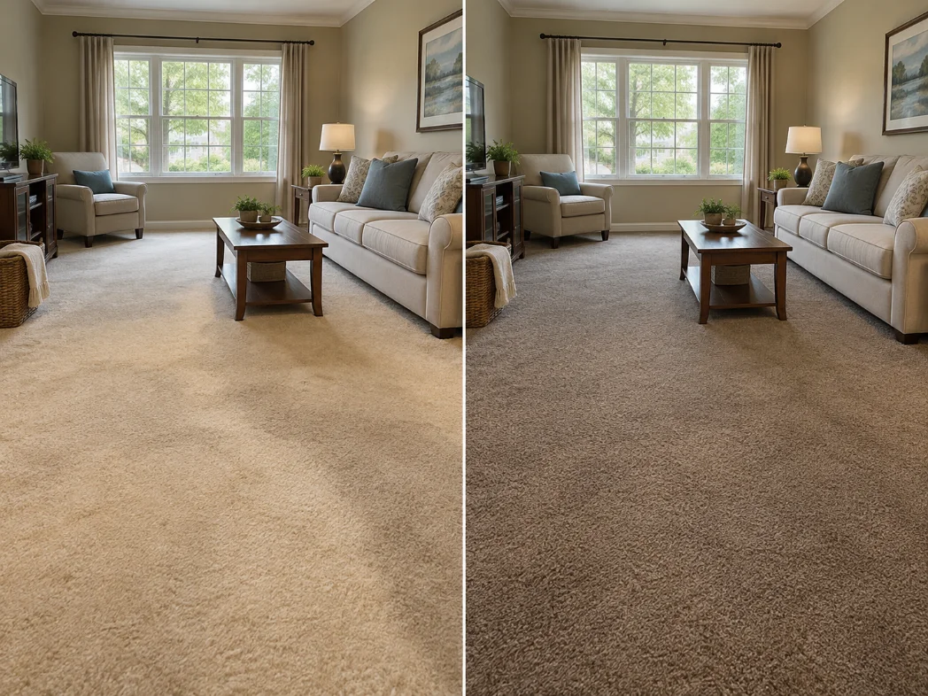 Before and after wall-to-wall carpet dyeing: a living room with faded light beige carpet, then the same room dyed a richer, even taupe