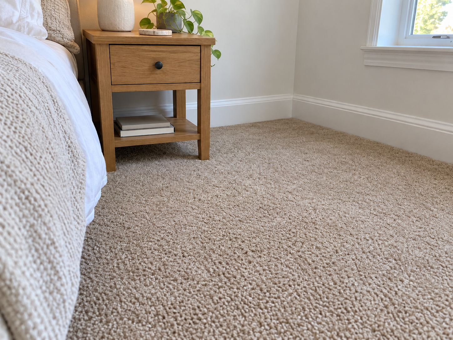 After: the same bedroom carpet with the burn patched and no visible trace