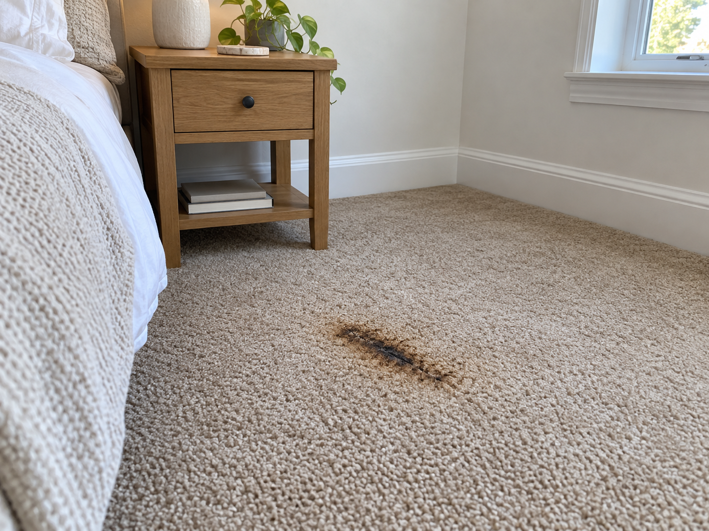 Before: dark burn mark in beige bedroom carpet beside a nightstand