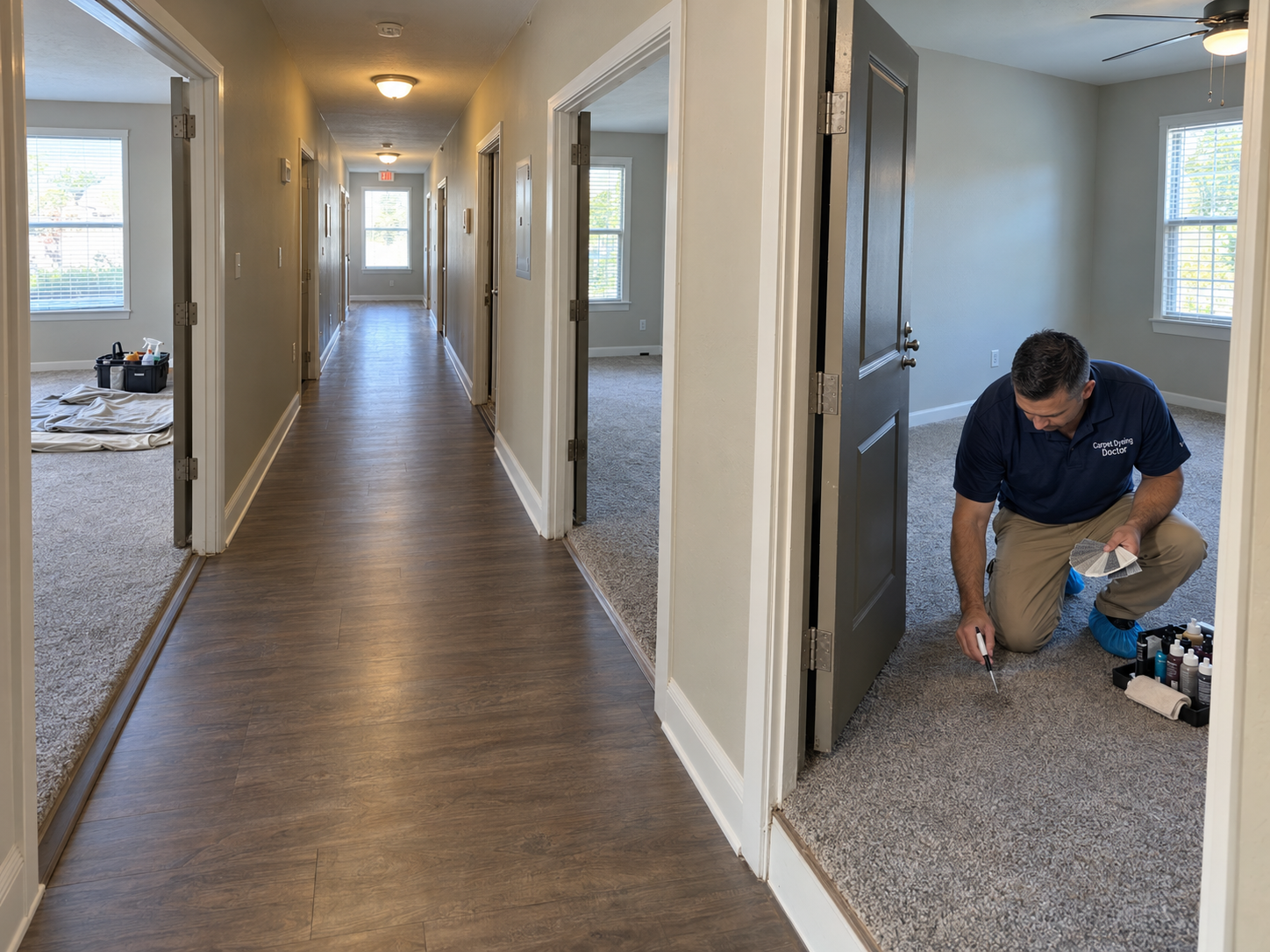 Apartment corridor during a make-ready run with several unit doors open, and a Carpet Dyeing Doctor technician kneeling in one unit color-matching and spot-dyeing the gray carpet
