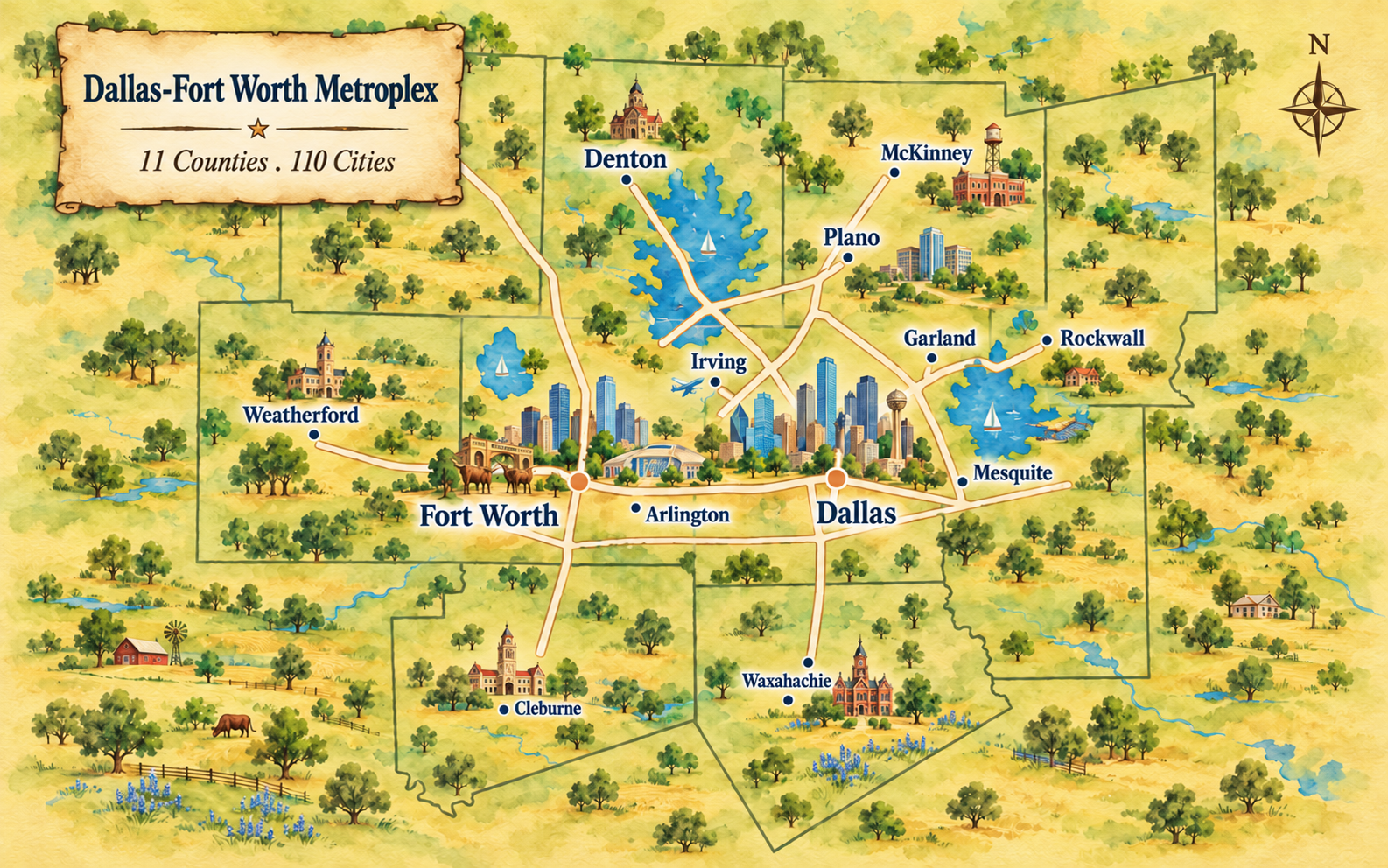 Illustrated map of the Dallas–Fort Worth metroplex service area, 11 counties and 110 cities, with Dallas, Fort Worth, Arlington, Irving, Plano, Garland, Mesquite, Denton, McKinney, Rockwall, Weatherford, Cleburne and Waxahachie labeled