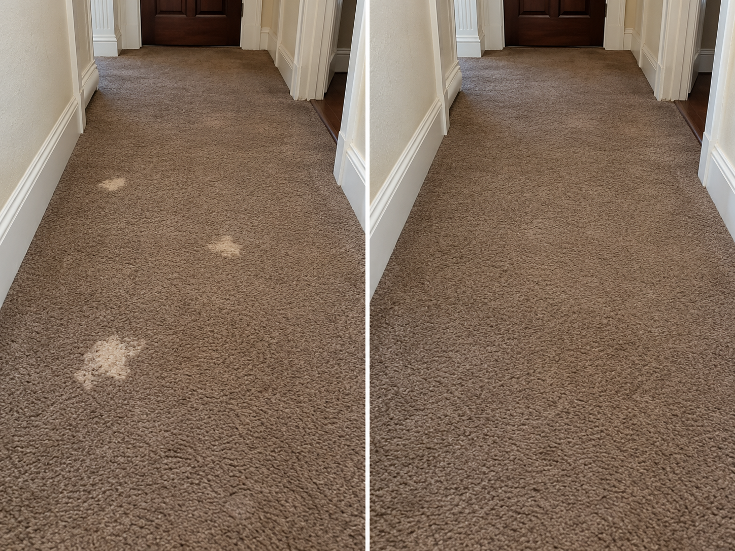 Before and after: three pale bleach spots on brown wool hallway carpet in a Fort Worth home, then the same hallway dyed and blended with no visible marks
