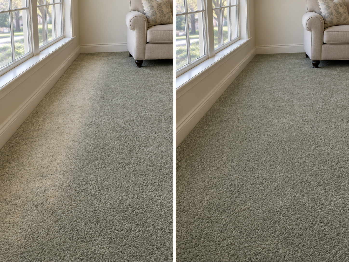Before and after: a pale sun-faded band of sage carpet along a west-facing window wall, then the same room restored to one even color