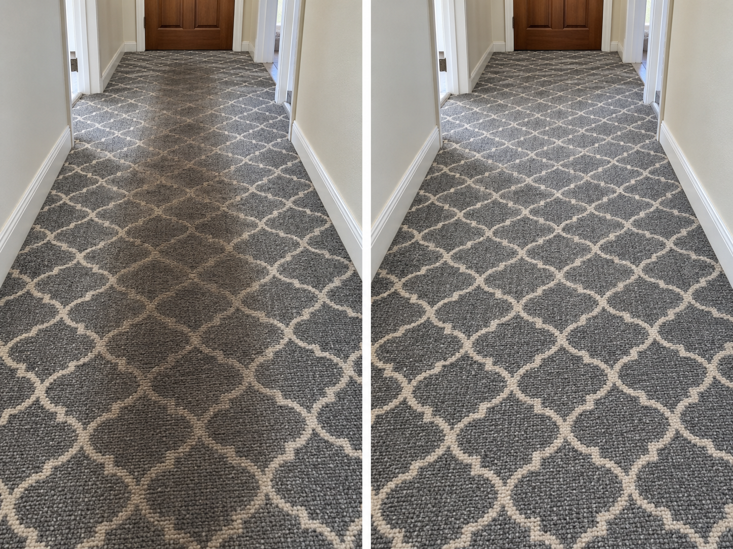 Before and after: a darkened, discolored traffic path down gray and cream patterned hallway carpet in a Garland home, then the same hallway corrected to even color