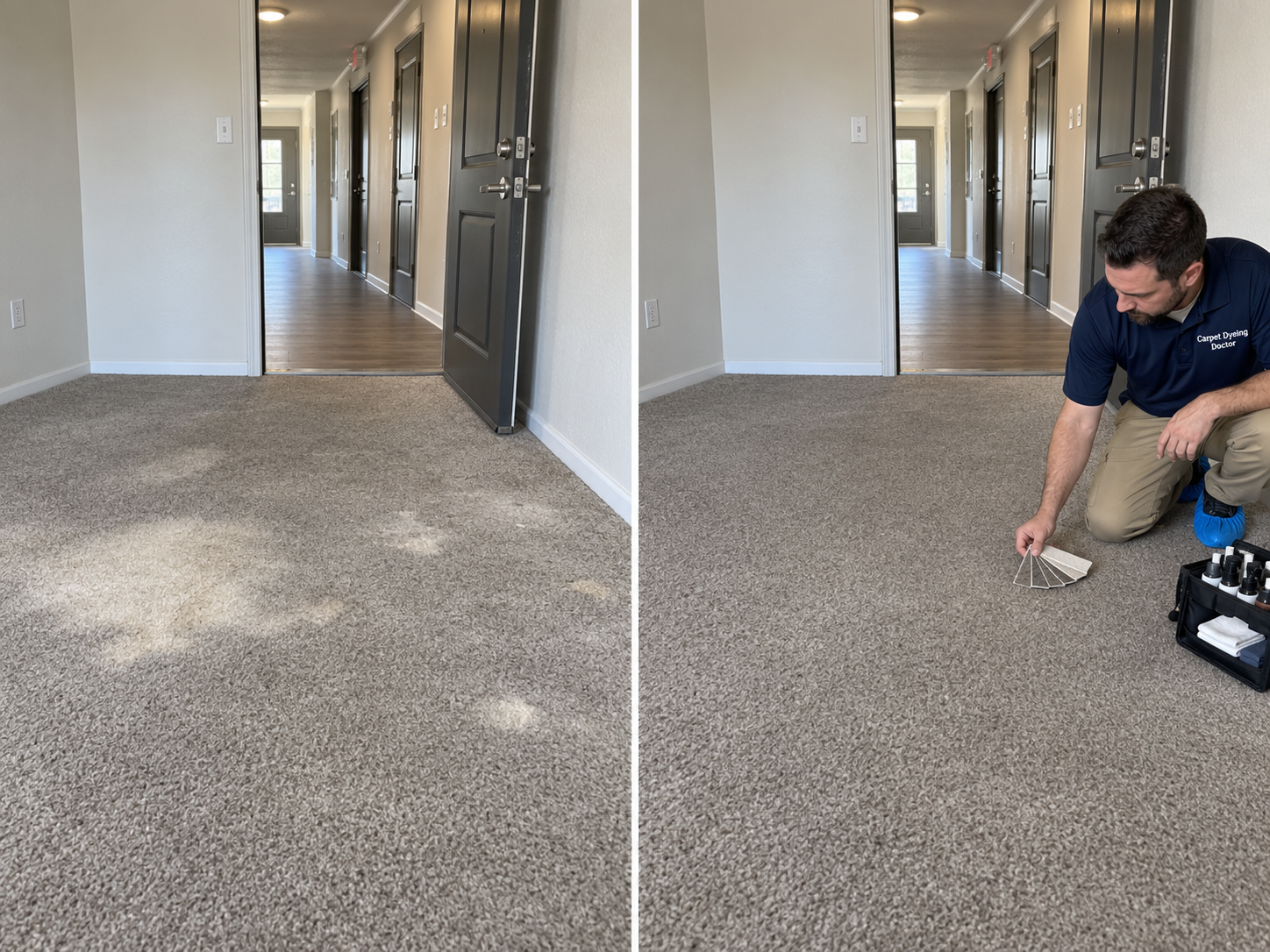 Before and after: bleach-faded patches on gray carpet inside an apartment entry during a make-ready run, then the same carpet corrected while a Carpet Dyeing Doctor technician checks color samples