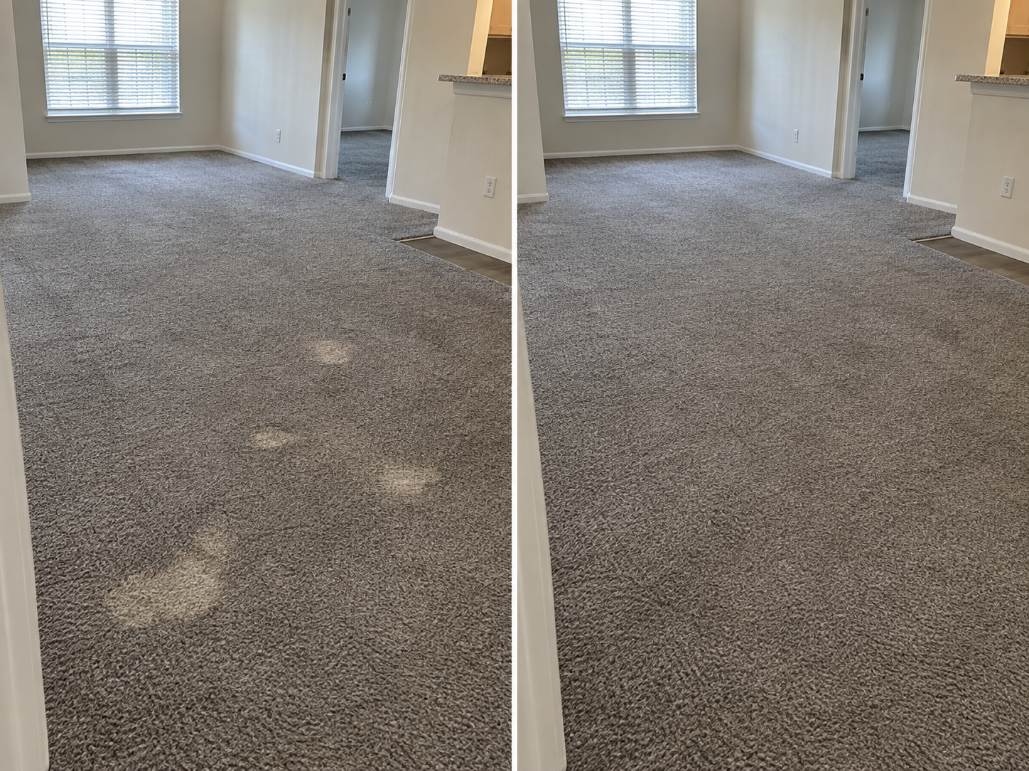 Before and after: pale bleach spots across gray carpet in an empty make-ready apartment, then the same unit corrected to one even gray with no visible marks