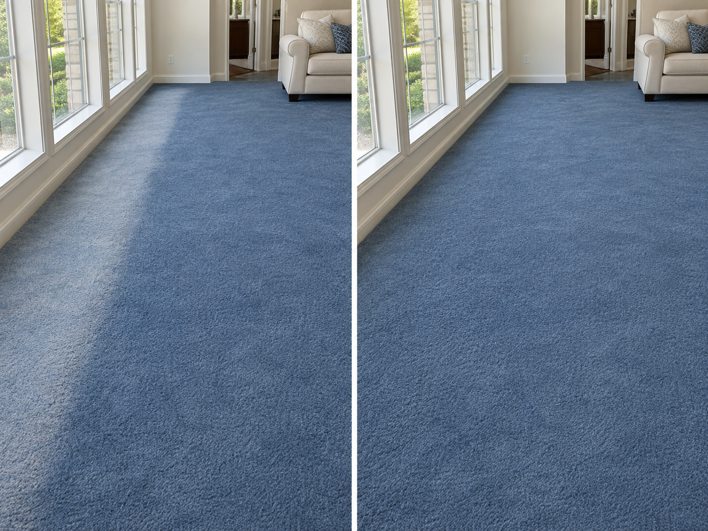 Before and after: a pale sun-faded band of blue carpet along a tall window wall in a large Plano room, then the same room dyed back to one even blue