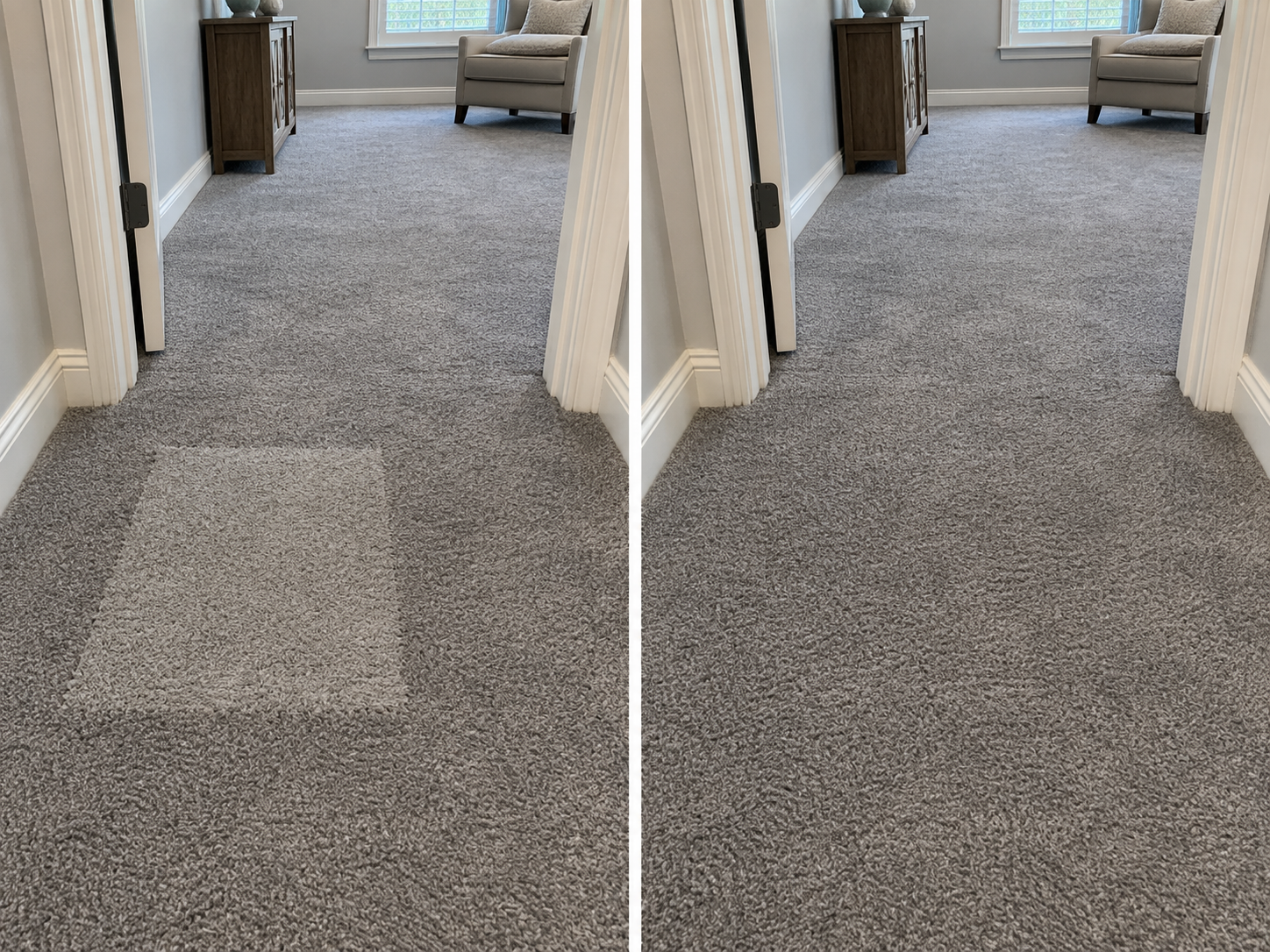 Before and after: a lighter rectangular repair patch in gray hallway carpet, then the same patch color-corrected to match the surrounding floor