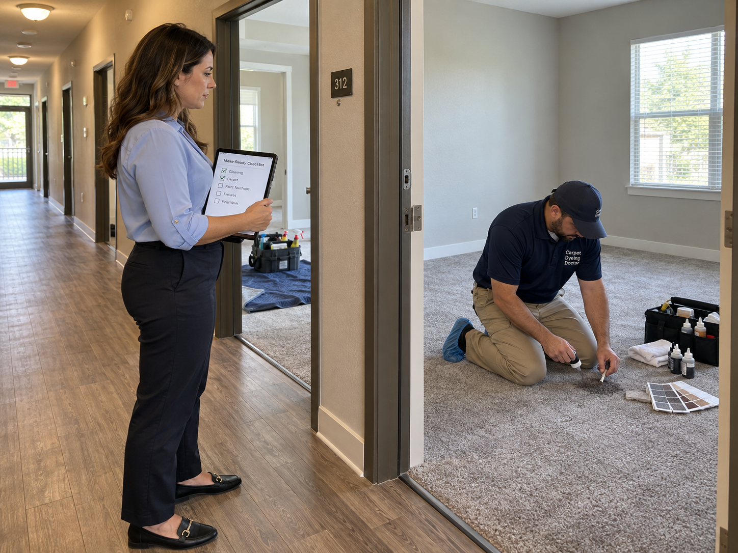 Property manager holding a make-ready checklist tablet in an apartment corridor while a Carpet Dyeing Doctor technician kneels inside unit 312, spot-dyeing the gray carpet with color samples beside him
