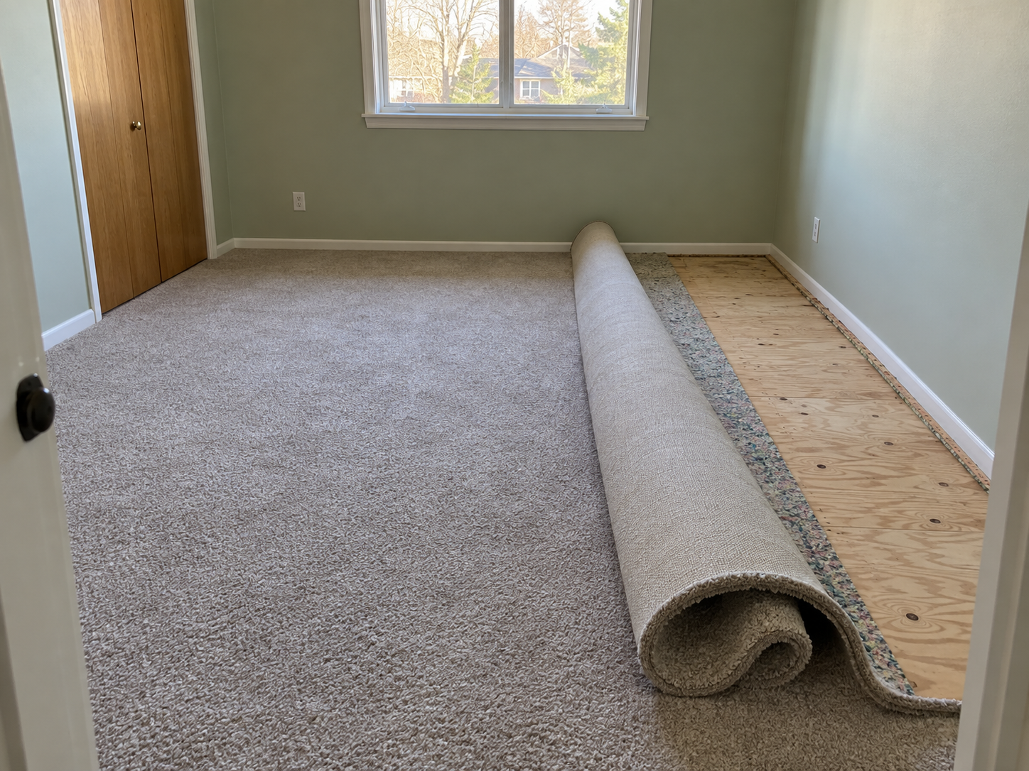 Before: bedroom carpet rolled back along one wall, exposing the pad and plywood subfloor